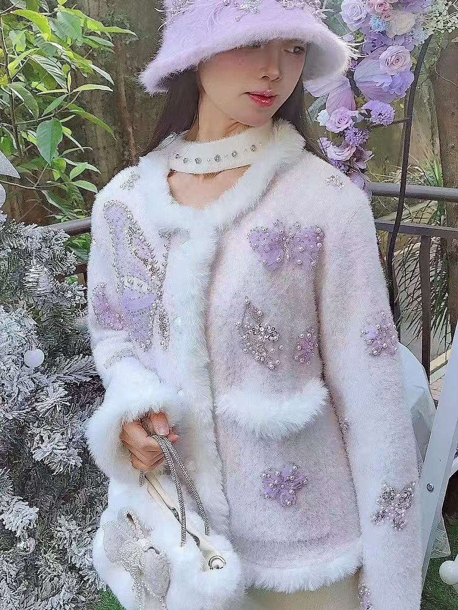 Luxury Style Pearls Beads Stit - Wool Coat Peacoat 评论和价格