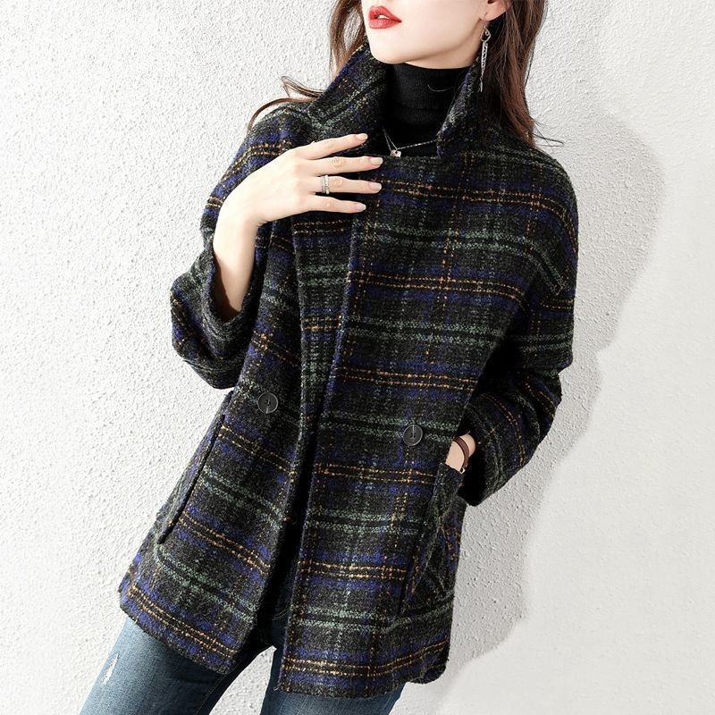 Women Plus Size Plaid Woolen S - Wool Coat Peacoat 评论和价格