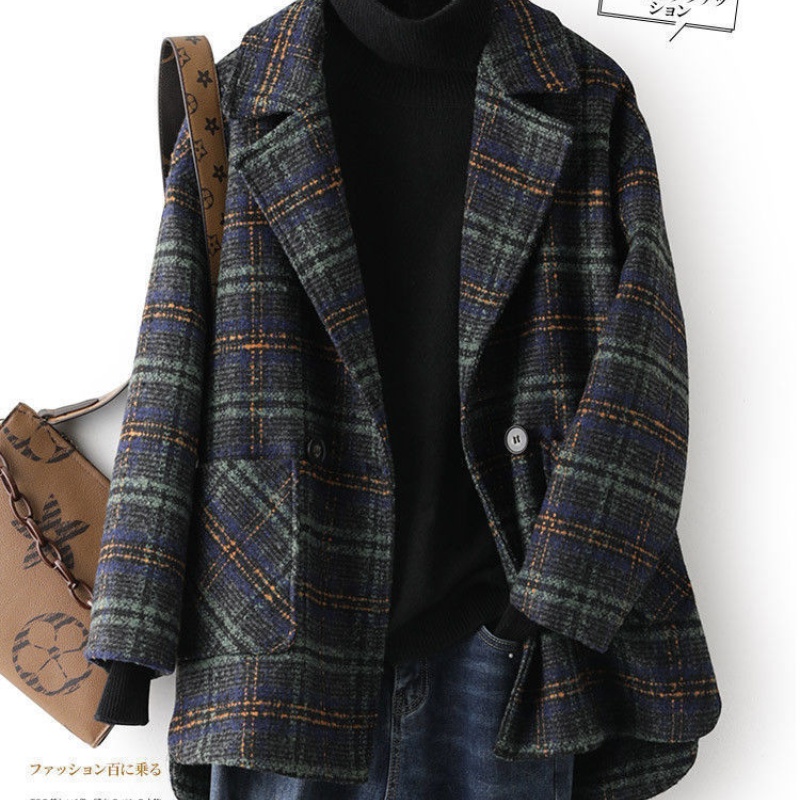 Women Plus Size Plaid Woolen S - Wool Coat Peacoat 评论和价格