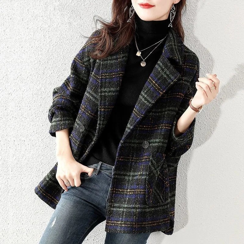 Women Plus Size Plaid Woolen S - Wool Coat Peacoat 评论和价格