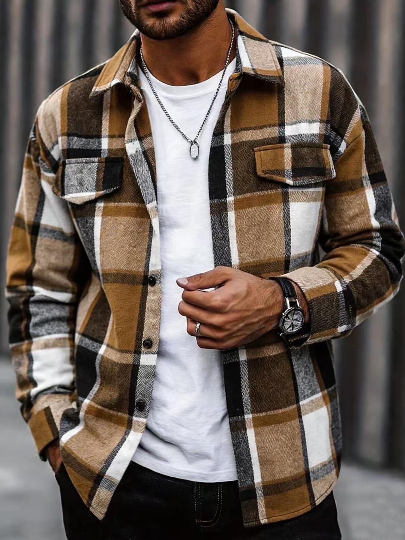 Retro Plaid Shirt Men Casual E - Flannel Shirt Lined 评论和价格